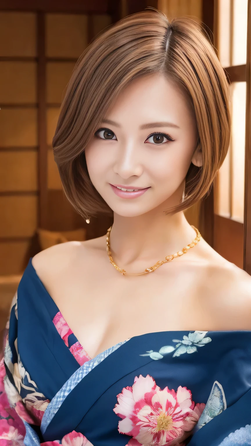 masterpiece、 top quality 、 high res、 table top in bed、 wallpaper、 realistic 、bright lighting、  professional lighting 、 face light 、 Smooth Writing 、 Japanese women、 adult female 、 beautiful women、、Modeling、gravure、 sexy、 very beautiful、 Beautiful skin、 beautifully detailed 、 detailed face 、 slim、 Sexy chest、、 clevis on a stone 、 short hair、Brown Hair、 brown eyes、 stares at the camera、 Japanese Kimono、Japanese Yukata、hot spring、smile