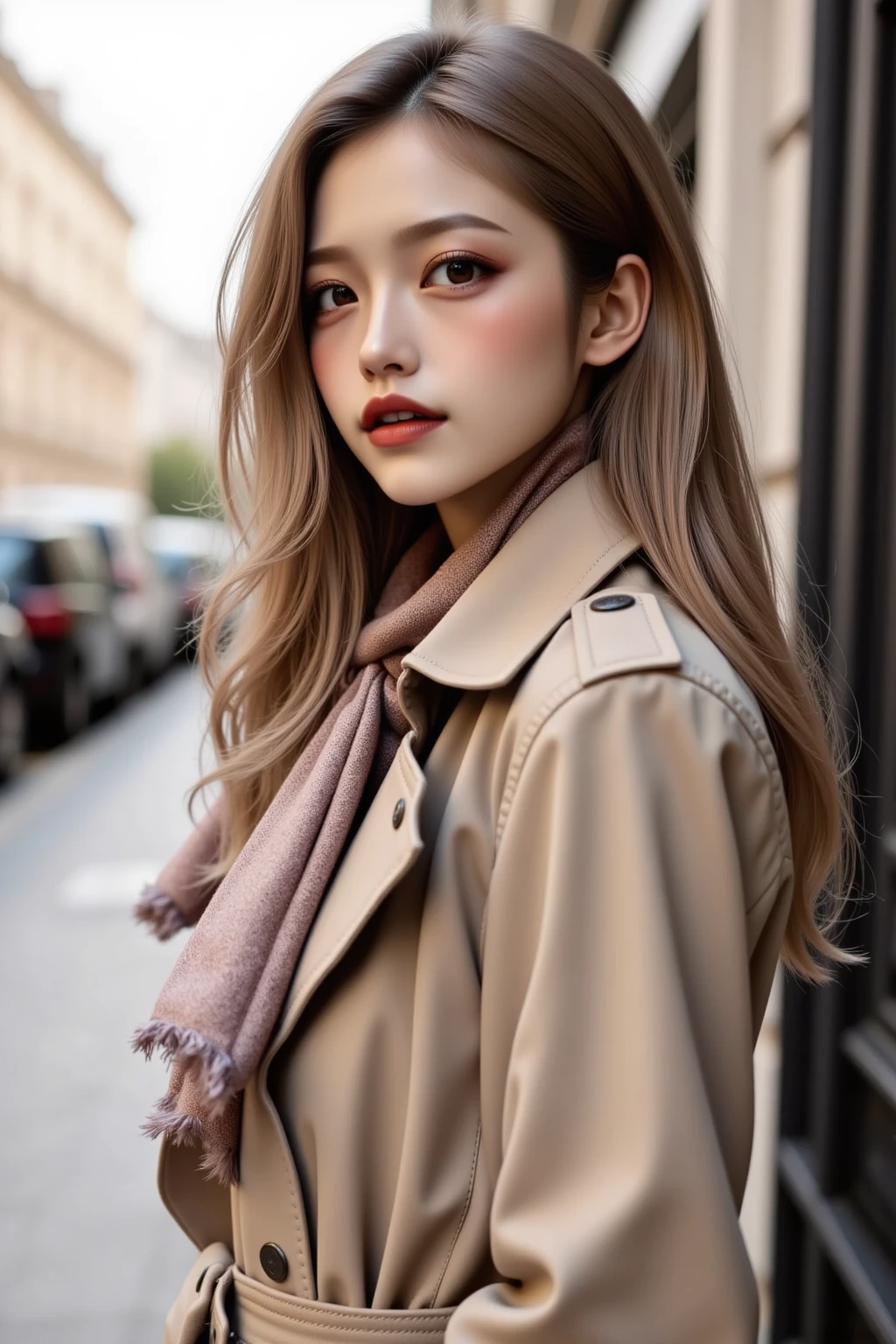 A beautiful woman wearing a stylish trench coat and a scarf, striking a model pose. The setting is urban, with soft lighting that highlights her features. The trench coat is elegantly tailored, and the scarf adds a touch of sophistication. The background includes blurred city elements to keep the focus on her.