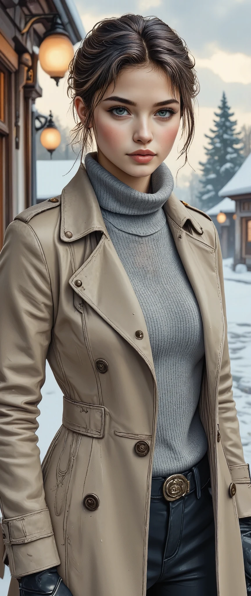 a beautiful young woman in a trenchcoat and scarf, in a snowy village, cold atmosphere, detailed face and eyes, intricate clothing folds, soft lighting, winter landscape, warm color tones, photorealistic, cinematic composition, highly detailed