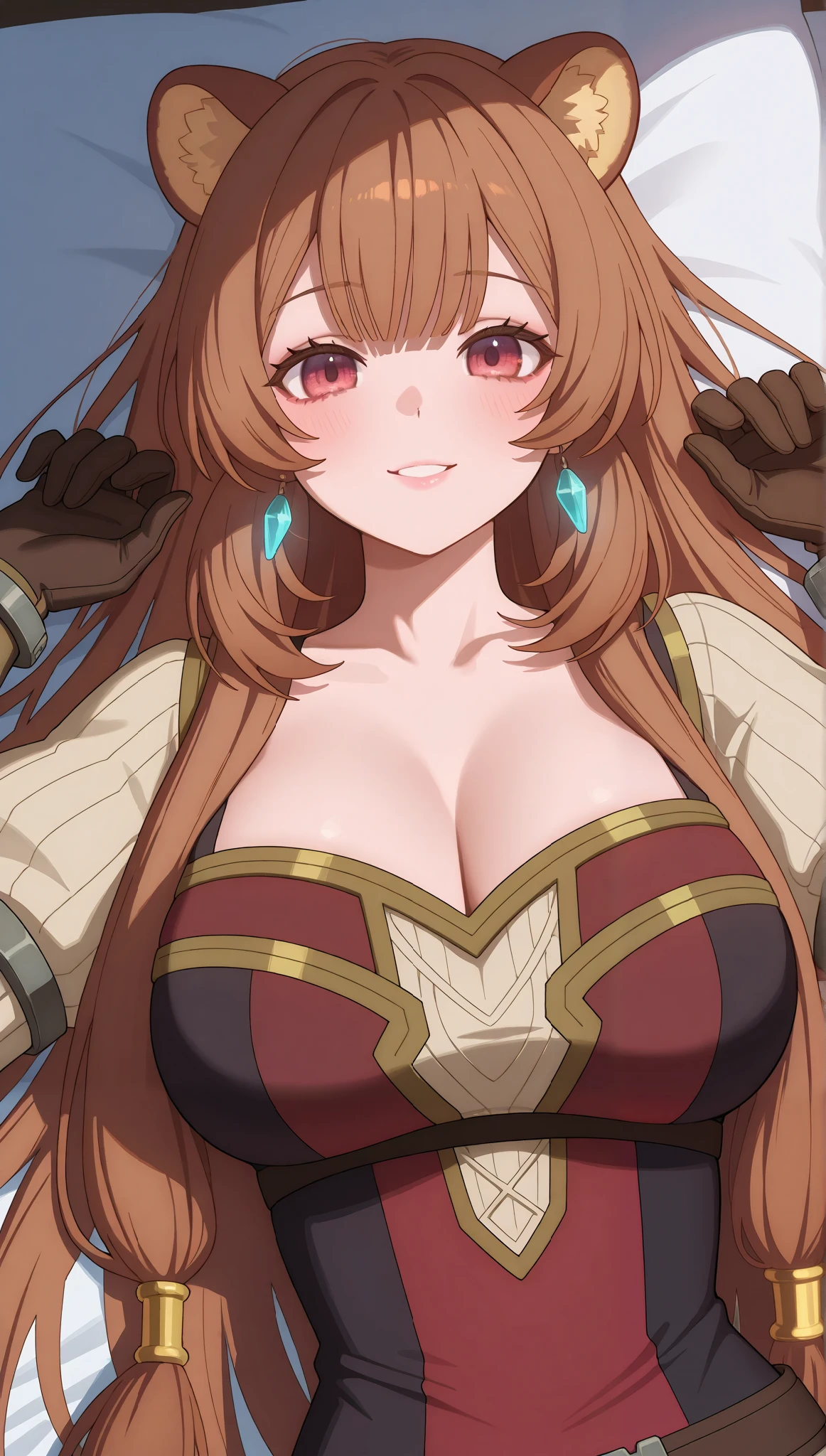 (masterpiece), (portrait), big breasts (aesthetics), ((1 female 21 years old, raccoon-girl)), Highlight earrings), ((long hair)), ((Hot crystal brown hair)), ((Raphtalia)) straight hair, thin eyes open, brown eyes, cute, naughty, cute smile, woman, feminine, beautiful, female features, top, high quality, aesthetic clothing, professional angle, (rule of thirds), (feminine), , (beautiful) , (female ) features), solo, (Korean attractive), summer, (ink haze), (afternoon), (vibrant light), seductive posture, ((face looking forward))), Raphtalia,  dress with long puffy sleeves, brown and red, metallic details on the clothes, gloves, sensual ((Energy)), (Bold Makeup), (Big Breasts), Fair Skin, (Clothes with Hip Hop Details), (a hot Raphtalia, sculptural body, sexy pose), (Sleep Neckline), Beautiful Hands, Body beautiful, beautiful ears, beautiful eyes, bright eyes, beautiful mouth, beautiful lips, on the bed all shy, lying down