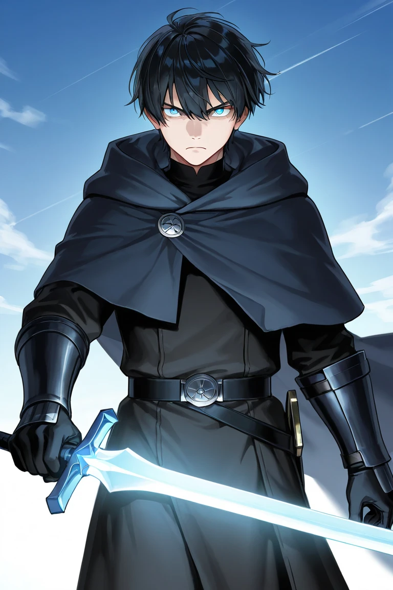 male, black armor, coat, fantasy, western sword, blue eyes, black hair, mage knight, hooded, short hair, solo, adult