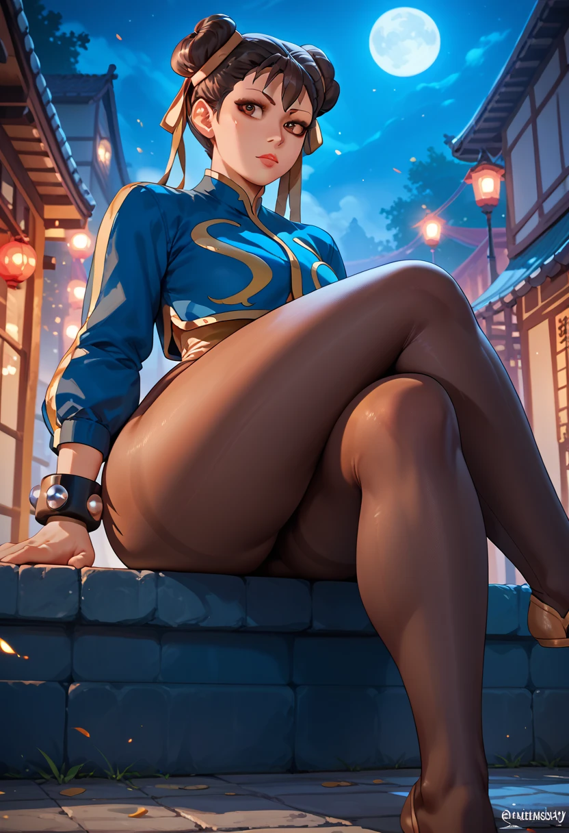 ((masterpiece,best qualtiy)),1girl,solo,ChunLi,lower body,beautiful night street background, beauty legs, very thick legs, thighs, thick thighs, crossed legs, ass curves, sitting, black pantyhose, feet in pantyhose 