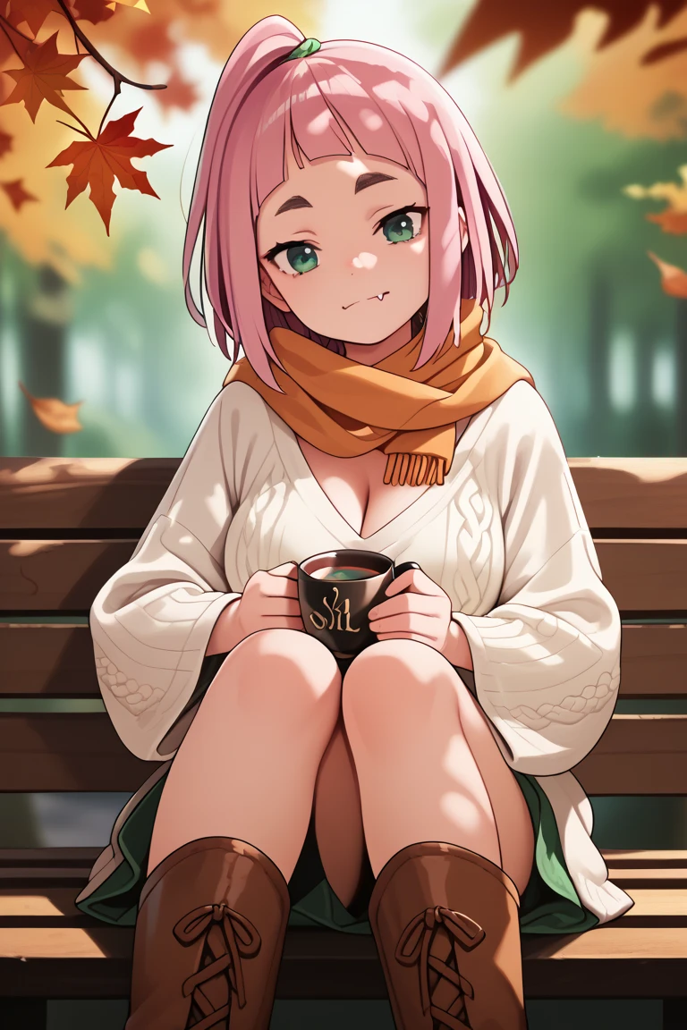 source_anime,
kiuiwatase, kiui watase, short hair, bangs, green eyes, pink hair, thick eyebrows,blunt bangs, open hair
skin fang, large breasts, cleavage,                        autumn forest theme, warm golden leaves, wearing a cozy oversized sweater (cream), brown boots, sitting on a wooden bench surrounded by fallen leaves, holding a steaming cup of tea, soft scarf (light orange) wrapped loosely, sunlight breaking through tree branches, calm and introspective expression, slight head tilt, blurred background with autumn foliage, rich warm color palette, cinematic depth of field, tranquil and nostalgic atmosphere