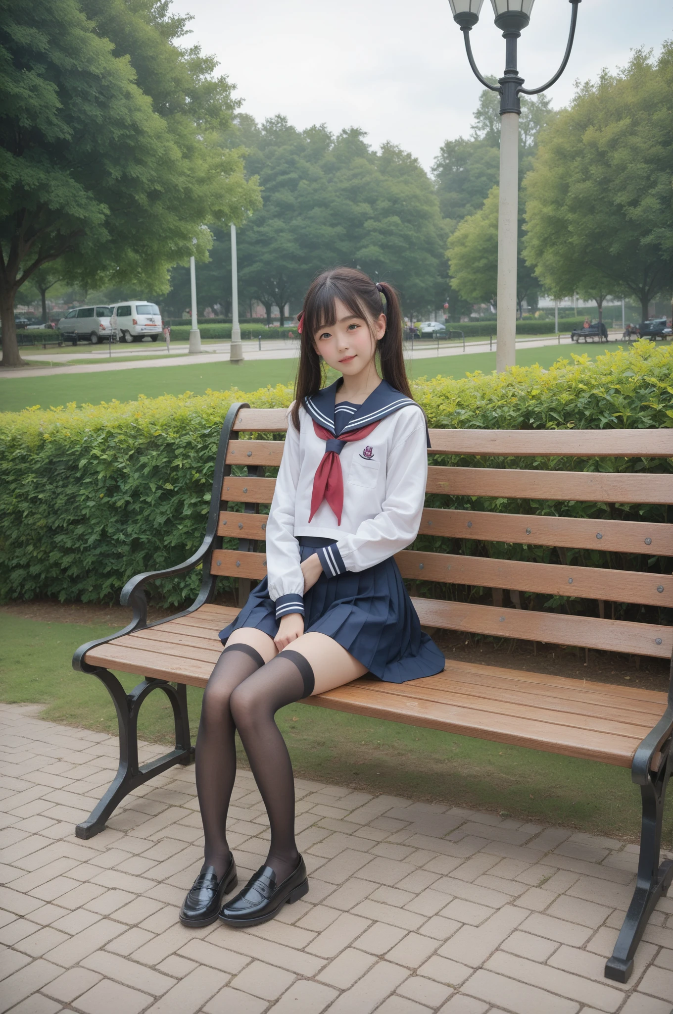   sailor suit ,***************************, cute girl,masterpiece,4K,8k,16k,  black stockings,  sit on a park bench , is short