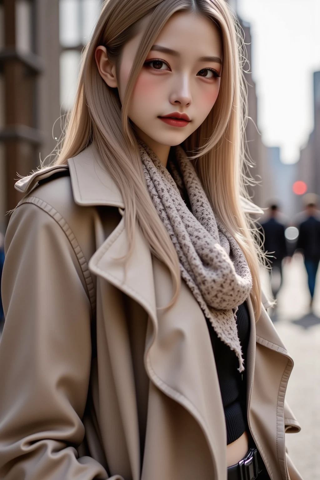 A beautiful woman wearing a stylish trench coat and a scarf, striking a model pose. The setting is urban, with soft lighting that highlights her features. The trench coat is elegantly tailored, and the scarf adds a touch of sophistication. The background includes blurred city elements to keep the focus on her.