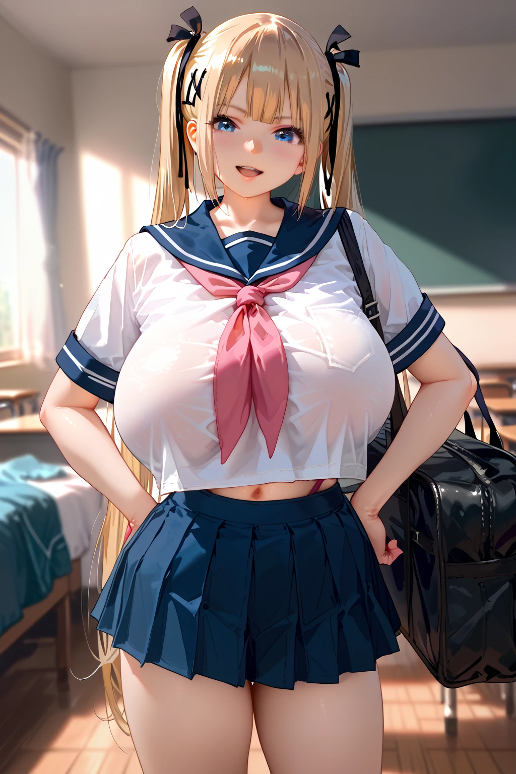 throw, looking at viewer, school, 1 person, expressive, Expressive, GintoAIstyle, anime coloring, Marie rose, small breasts, one girl, blonde hair, Long Hair, twin tails, blunt bangs, blue eyes, skirt, shirt, school uniform, white shirt, short sleeves, pleated skirt, seifuku, sailor collar, blue skirt, neckerchief, blue sailor collar, school bag, pink neckerchief, Kita Uji high school uniform, tall women, I sweated, high leg, I sweated, steamy, standing, arms at sides, 1 girl , Improve, 1 person, gigantic breast, sagging breast, huge breasts, huge breasts, pubic skin, score_9_up, score_8_up, score_7_up, masterpiece, are extremely beautiful, excited, Vulgar,