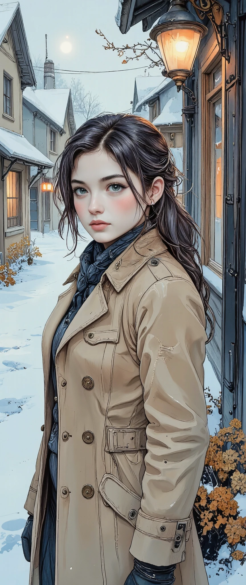 a beautiful young woman in a trenchcoat and scarf:1.4, in a snowy village, cold atmosphere, detailed face and eyes, intricate clothing folds, soft lighting, winter landscape, warm color tones, photorealistic, cinematic composition, highly detailed