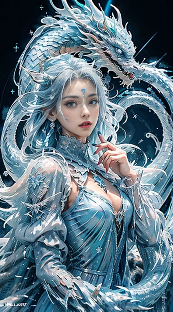 (((1girll)))，Imperial water，A magician，（Loose dress：1.5），（Perfect facial features：1.4），（Blue silk robe），（Mysterious magic formations：1.2），((ice Dragon))，（Ice crystal scales），Blue glow，（Frost wings），Powerful ice magic，Icicles，Towering over the landscape，Blue light cold light，Ice storms，wind，Flying snow ice and snow，Amazing results，,best qualityer,tmasterpiece,Ultra-high resolution,finely detailled,Complicated details,8K resolution,8KUCG wallpaper,hdr,water blue,Magic Array,Cinematic lighting effects,lightand shade contrast，Ray traching、nvidia RTX
