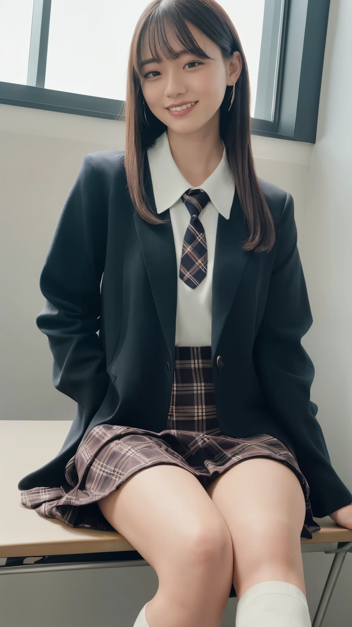 (Highest quality, 4K, 8k, High resolution, masterpiece, Genuine, Realistic, Realistic:1.3), (upper body), Girl sitting on the school desk in classroom, blue neckerchief Uniform, Dark Blown Blazer, blown plaid skirt, Gal Makeup, wearing oversize dark sweater amd white collared shirts, dark black leggings, ((straight long hair)), Gold Bracelets, 19-year-old, bangs, grin,Thighs, knees, From below, pinching skirt:0.7, black long socks, open legs:0.8,