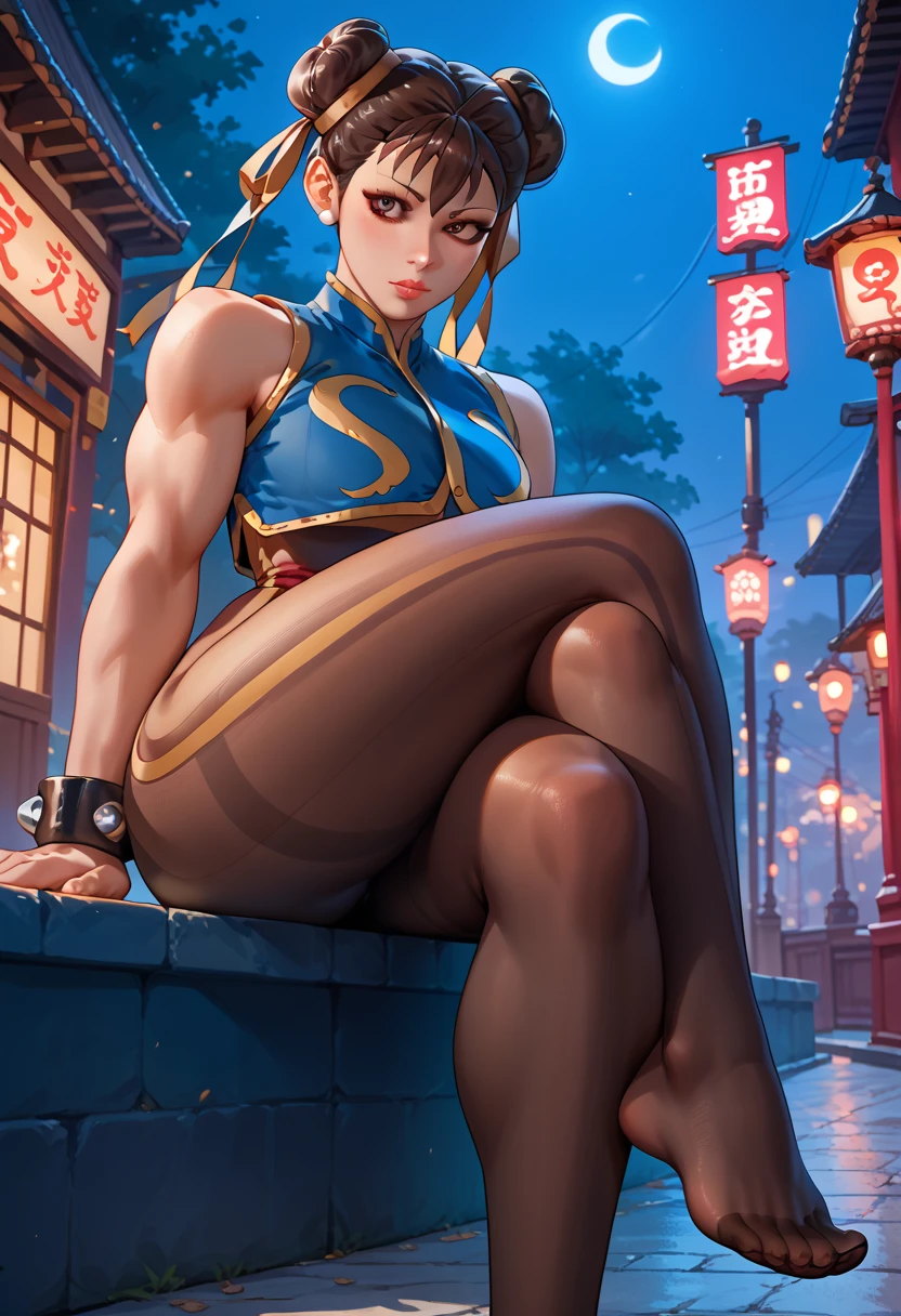 ((masterpiece,best qualtiy)),1girl,solo,ChunLi,lower body,beautiful night street background, beauty legs, very thick legs, thighs, thick thighs, crossed legs, ass curves, sitting, black pantyhose, feet in pantyhose, showing feet 