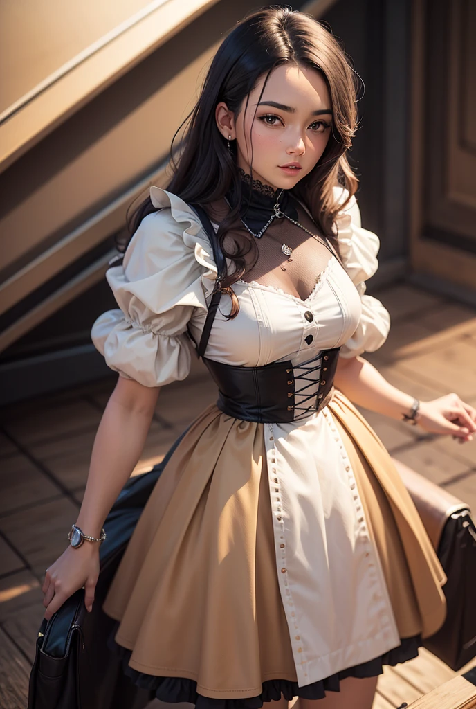 beautiful young woman, big breasts, small waist, big hips, European view (A European view), in an intricate, romantic Victorian outfit