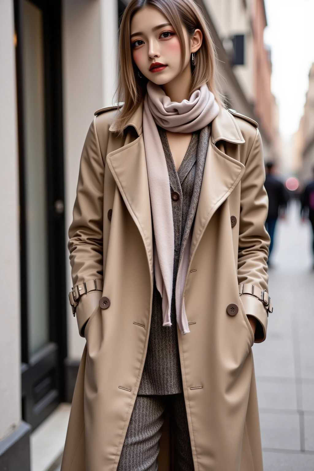 A beautiful woman wearing a stylish trench coat and a scarf, striking a model pose. The setting is urban, with soft lighting that highlights her features. The trench coat is elegantly tailored, and the scarf adds a touch of sophistication. The background includes blurred city elements to keep the focus on her.