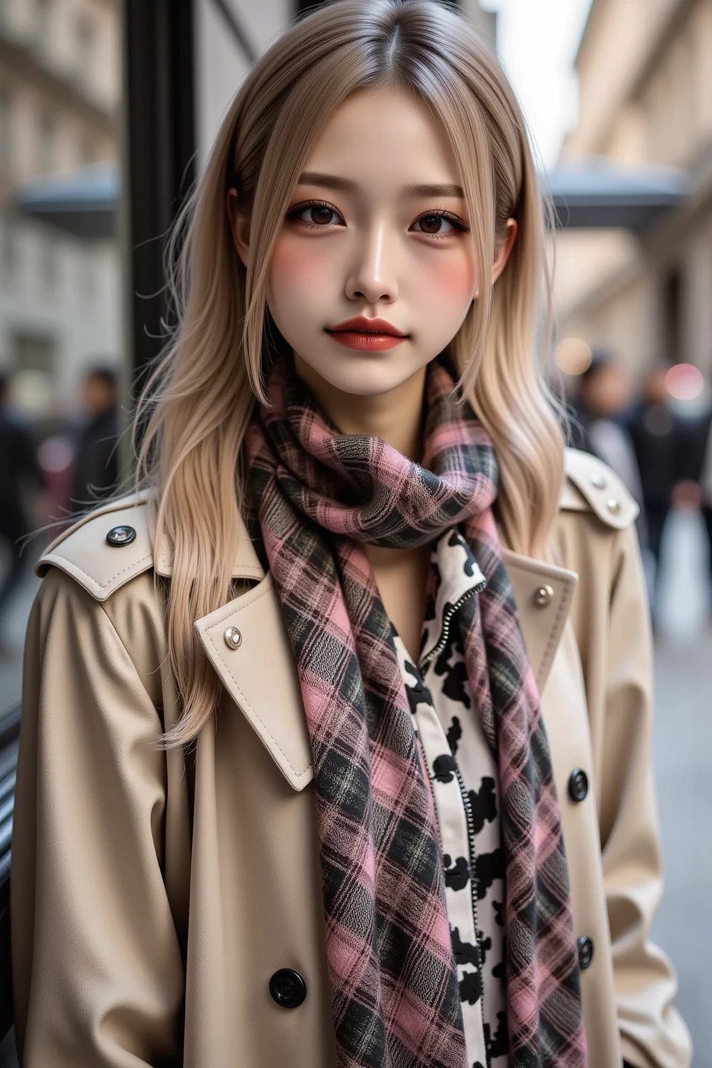 A beautiful woman wearing a stylish trench coat and a scarf, striking a model pose. The setting is urban, with soft lighting that highlights her features. The trench coat is elegantly tailored, and the scarf adds a touch of sophistication. The background includes blurred city elements to keep the focus on her.