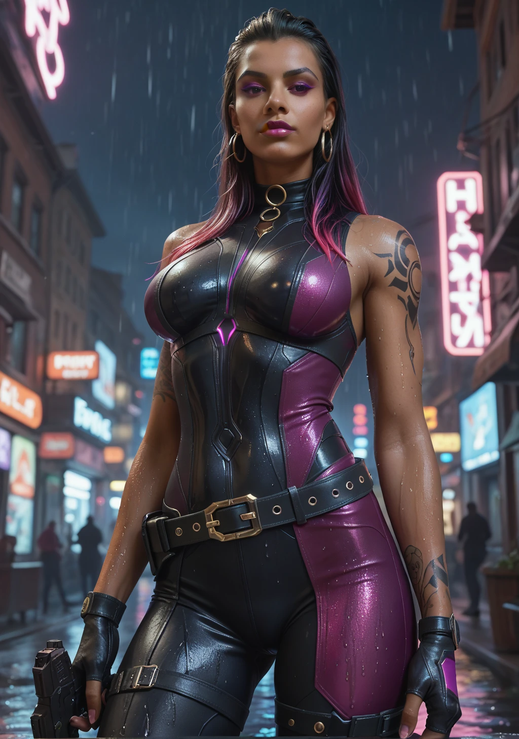 score_9, score_8_up, score_7_up,score_6_up, score_5_up, score_4_up , 1 girl, solo, 
large breasts,
ReynaDG,
dark-skinned female, two-tone hair, long hair, purple hair, purple eyes, black hair, slicked back hair,
black bodysuit, black gloves, arm tattoo, glitter, belt, fingerless gloves, 
science fiction, neon lights, city, light particles, night, rain, wet,
From below, holding a gun,
looking at the viewer,