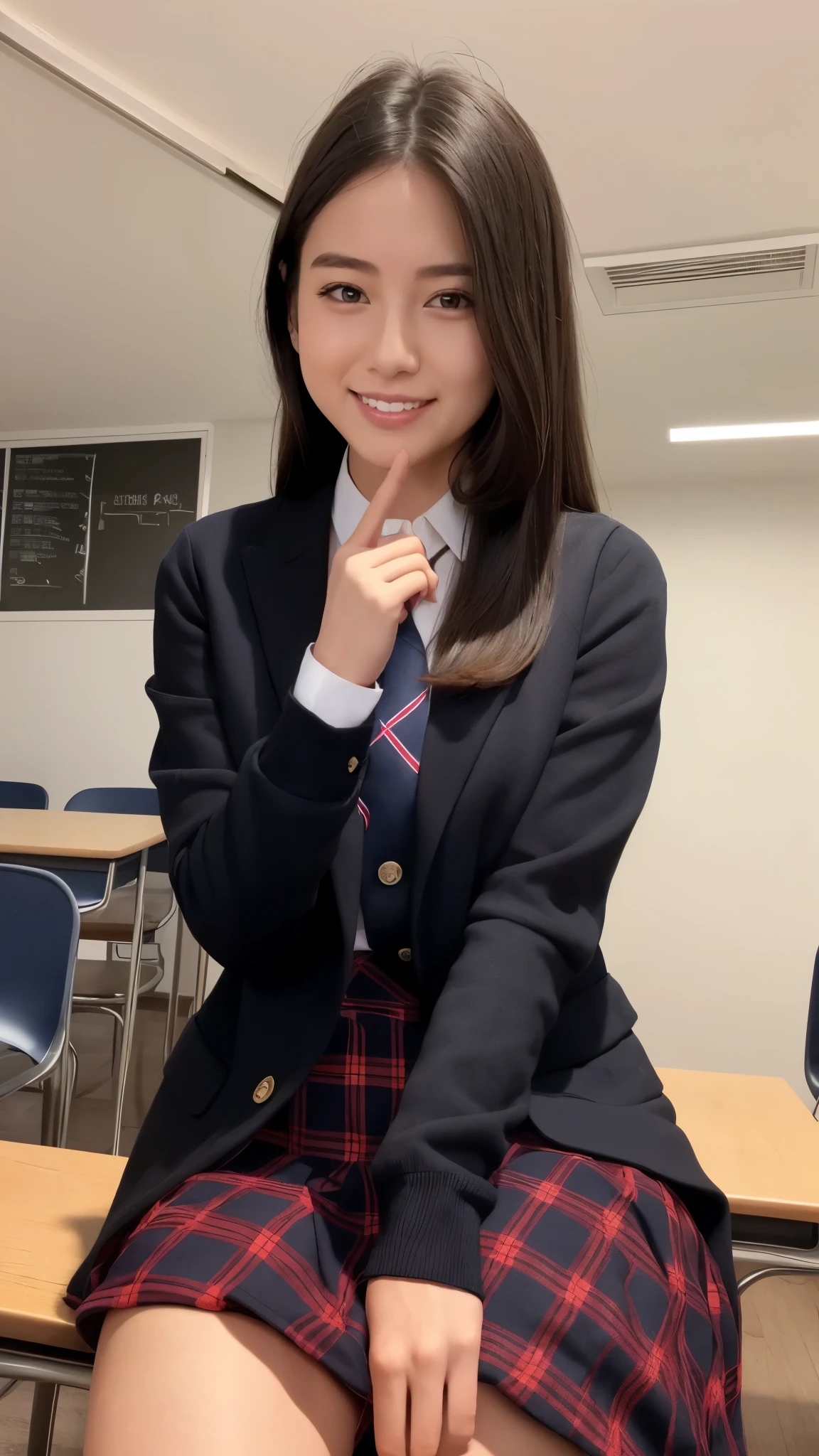 Highest quality, 4K, 8k, High resolution, masterpiece, Genuine, Realistic, Realistic:1.3), (upper body), Girl sitting on the school desk in classroom, blue neckerchief Uniform, Dark Blown Blazer, blown plaid skirt, Gal Makeup, wearing oversize dark sweater amd white collared shirts, dark black leggings, ((straight long hair)), Gold Bracelets, 19-year-old, bangs, grin,Thighs, knees, From below, pinching skirt:0.7, black long socks, open legs:0.8,