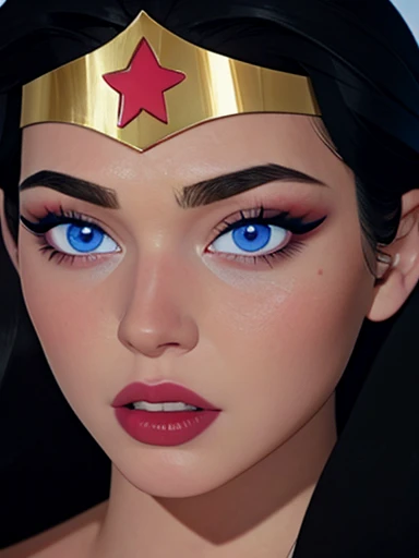  Wonder Woman ,  pretty face and blue eyes pink cheeks full and red lips and makeup,   long black hair , headband with star on the forehead , close up masterpiece of 8k wallpaper  