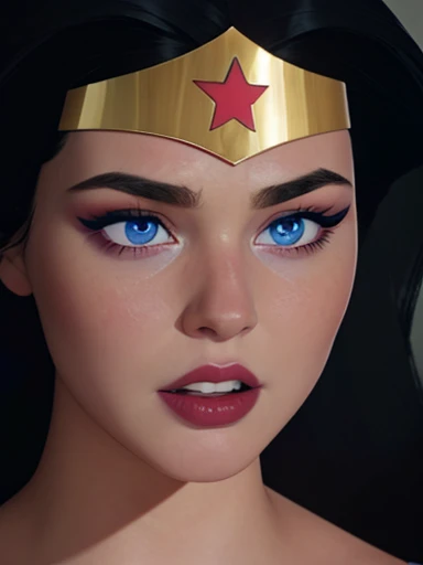  Wonder Woman ,  pretty face and blue eyes pink cheeks full and red lips and makeup,   long black hair , headband with star on the forehead , close up masterpiece of 8k wallpaper  