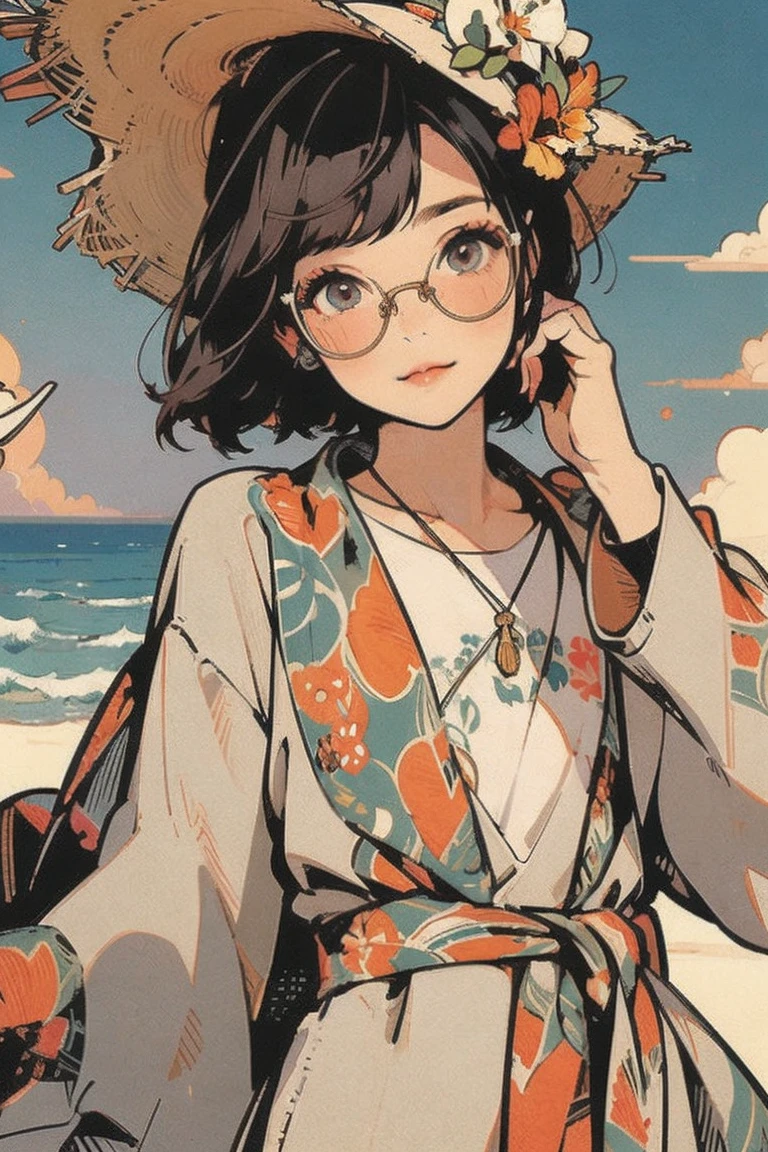 Mucha art style, masterpiece,  top quality ,  1 girl,  perfect eyes, perfect face, Kuvshinov,  cowboy shot, flat art, flat color, window side with a view of the ocean , , dressed casually, Glasses, happy,smile