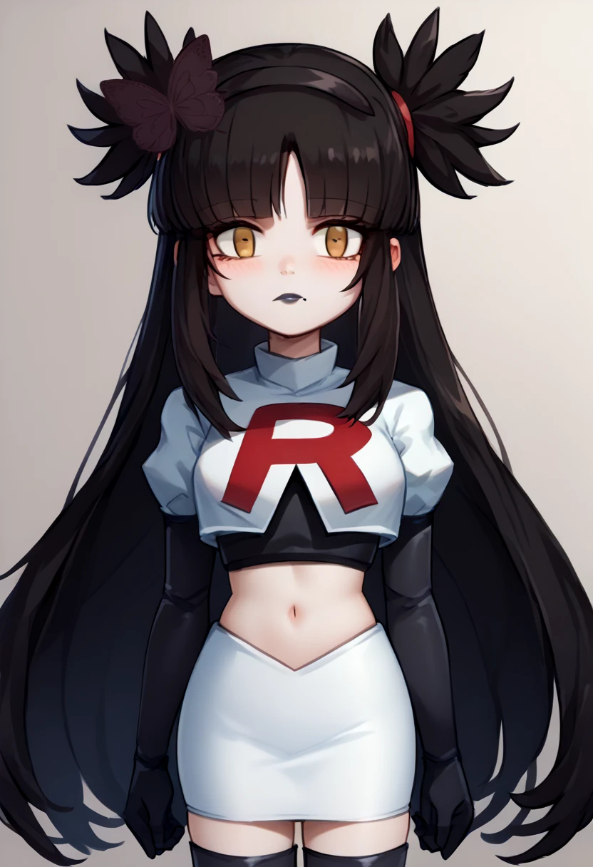 score_9, score_8_up, score_7_up, source_anime, solo, 1girl, mwophelia, mole under mouth, blush, looking at viewer, two side up, butterfly hair ornament, hairband, team rocket,team rocket uniform,white skirt,red letter R,crop top,black thigh-highs,black elbow gloves