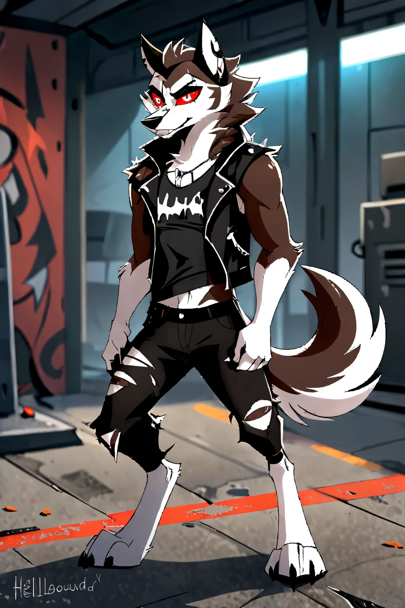 detailed background, husky hellbound \(helluva boss\), hellhound, brown body, brown and white fur, red sclera, white eyes, male, solo, absurd res, digitigrade, black pupils, scar, vortexdrip, jacket, spikes, torn clothing, black shirt, topwear, bottomwear, sleeveles jacket, tank top