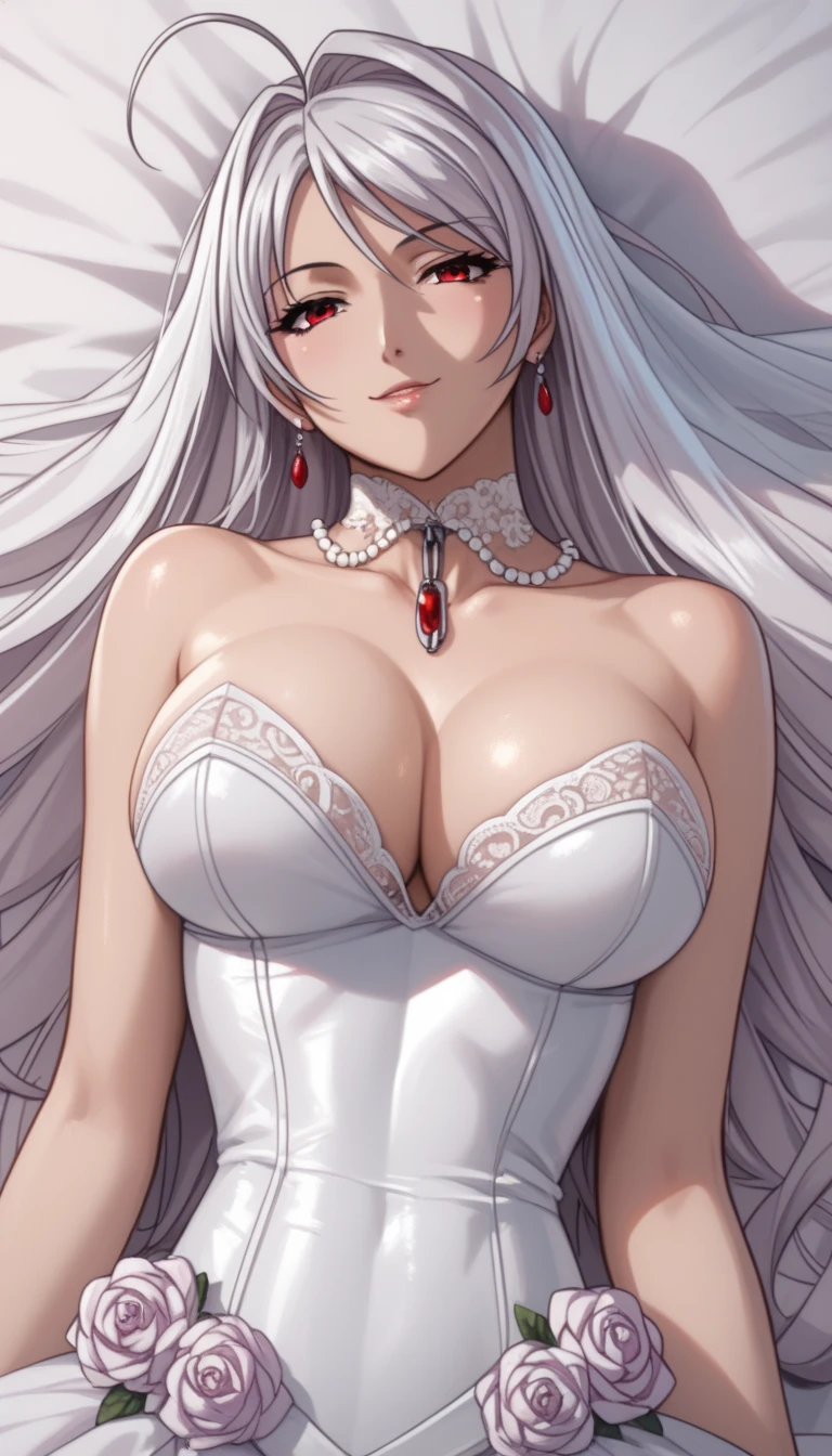 vampire moka akashiya, long hair, red eyes, ahoge, white hair, large breasts,wedding dress, seductive smile,bashful,Shiny Hair、Tight waist、Small waist、Glowing Skin、lying on the bed、bedroom background , eight-headed body、Beauty、