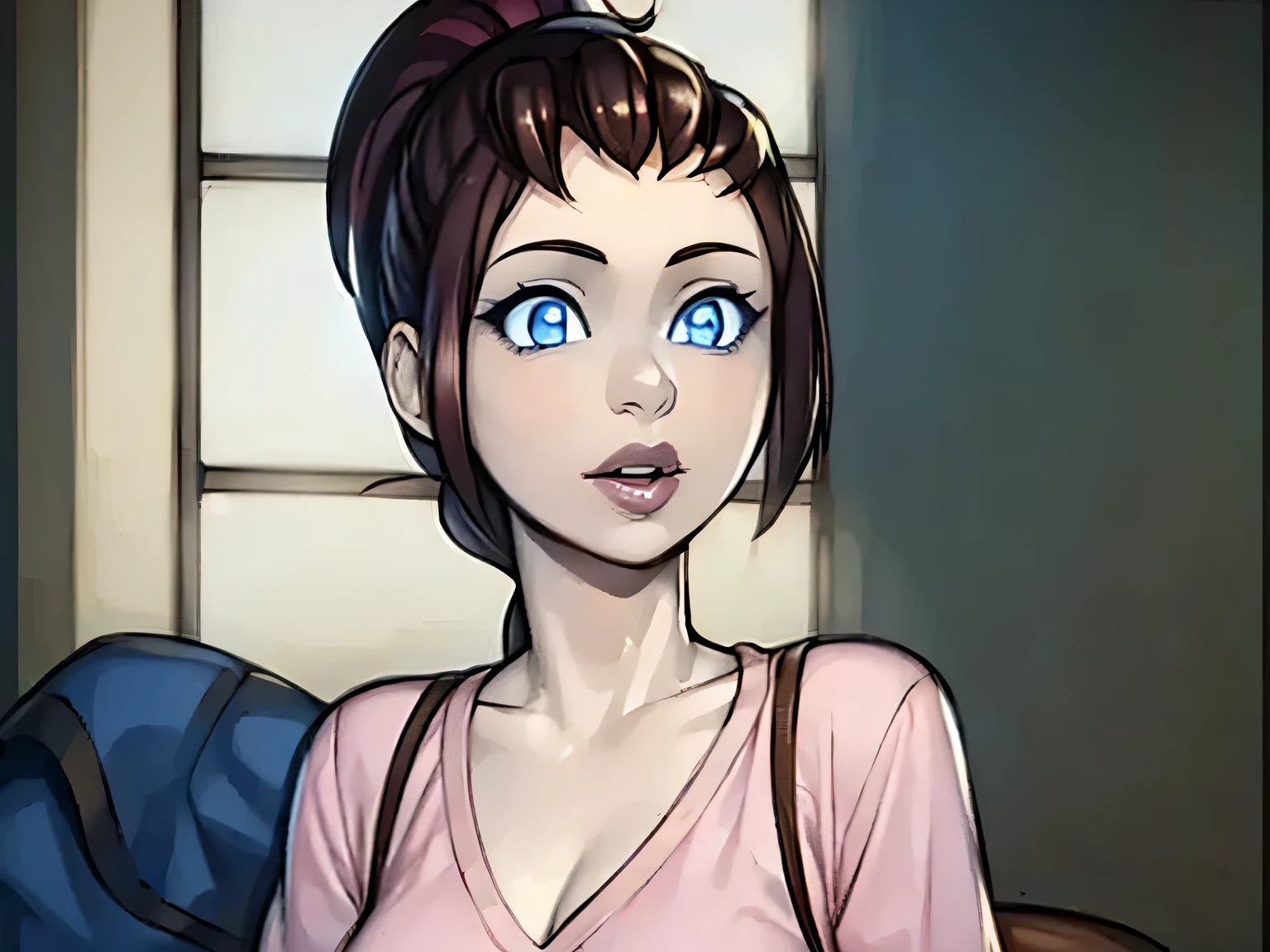 (masterpiece, best quality:1.2) 1girl, woman in her early 20s, pink shirt, face close-up, brown hair, ponytail, indoors, blue eyes, lipstick, looking at viewer, monara




