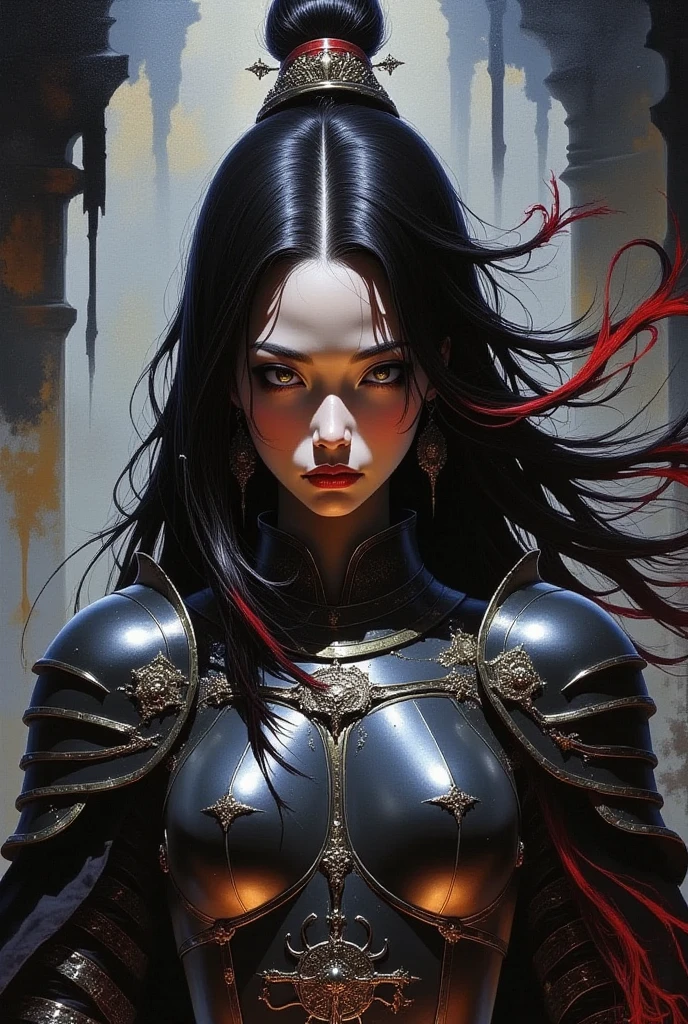 An oriental female knight, black hair with red streak, red lips, direct gaze, silhouetted, chiascuro, dark background, drkfnts style