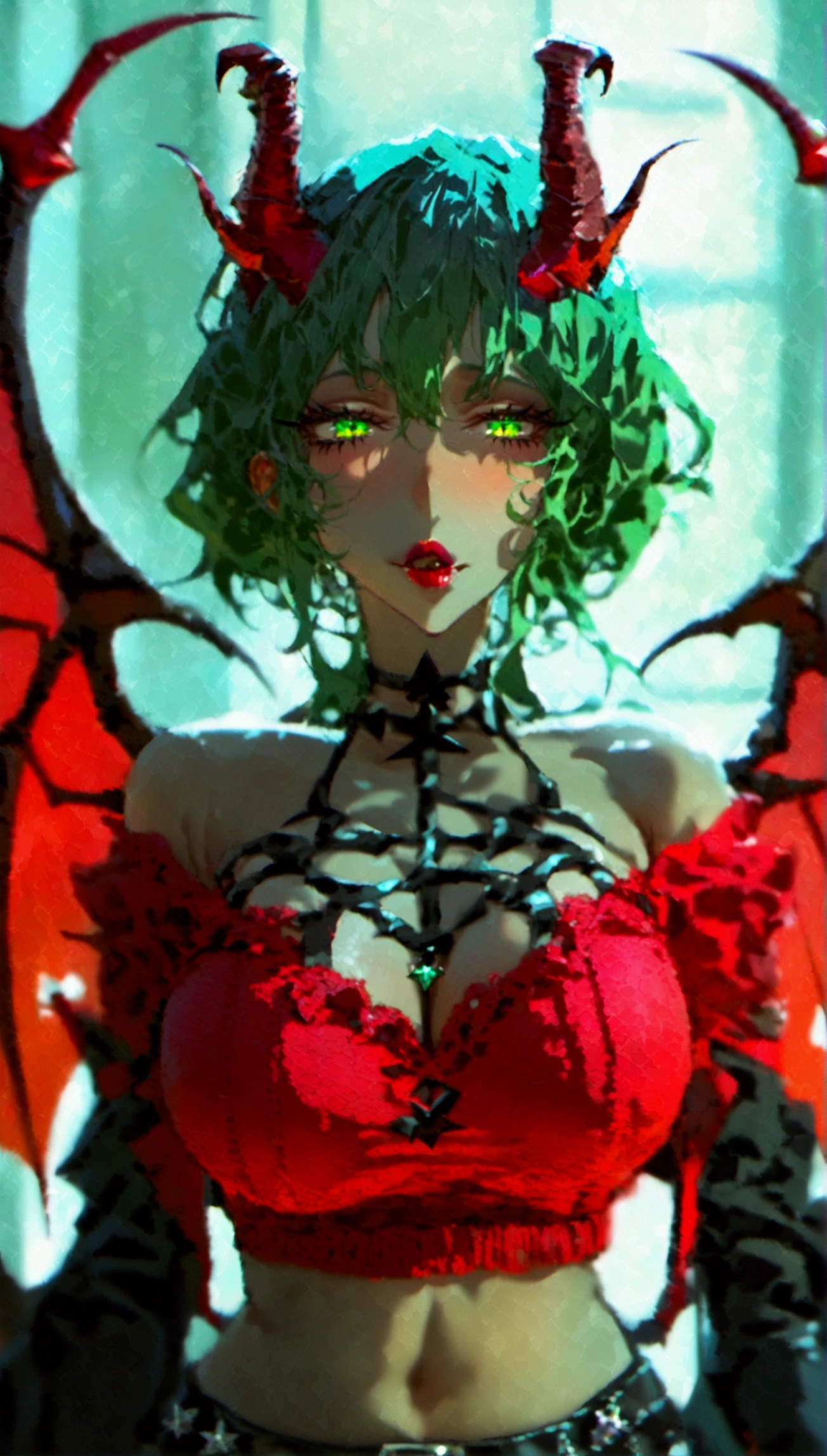 Per her lore, she is a Succubus, with multiple demon horns and demon wings. She has short green streaked hair with sidelocks and green eyes.She wears a red sweater with a pentagram cleavage cutout, black pantyhose, a spiked thigh strap, a black skirt set with suspenders and black boots. Yandere, very large breasts 