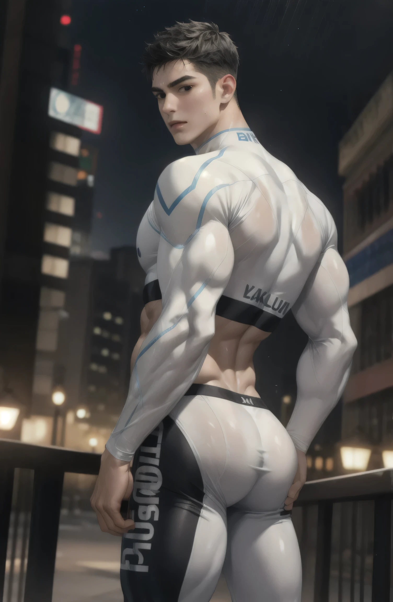 looking back,ass focus, naked, closeup of face, large areolae, masterpiece, best quality, extremely detailed, intricate, 1boy, white torn sport tights, bikesuit, muscular male, 6 pack abs, big pectoralis, shiny white skin, bare pectorals, detailed face, naughty face, black eyes, short black hair, shiny blue necklace,  looking at viewer, manly,  sweating, moist body, Park, night, NSFW,  erection, butt, briefs, thong, asshole