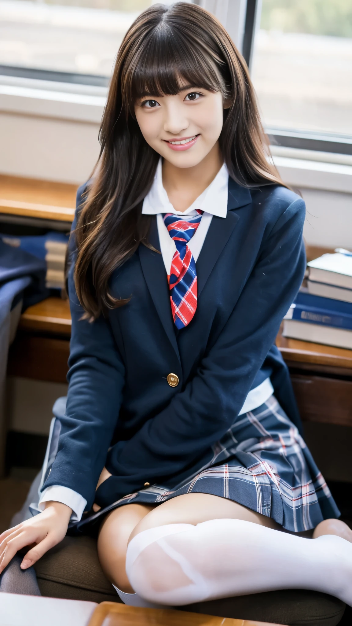 Highest quality, 4K, 8k, High resolution, masterpiece, Genuine, Realistic, Realistic:1.3), (upper body), Girl sitting on the school desk in classroom, blue neckerchief Uniform, Dark Blown Blazer, blown plaid skirt, Gal Makeup, wearing oversize dark sweater amd white collared shirts, dark black leggings, ((straight long hair)), Gold Bracelets, 19-year-old, bangs, grin,Thighs, knees, From below, pinching skirt:0.7, black long socks, open legs:0.8,