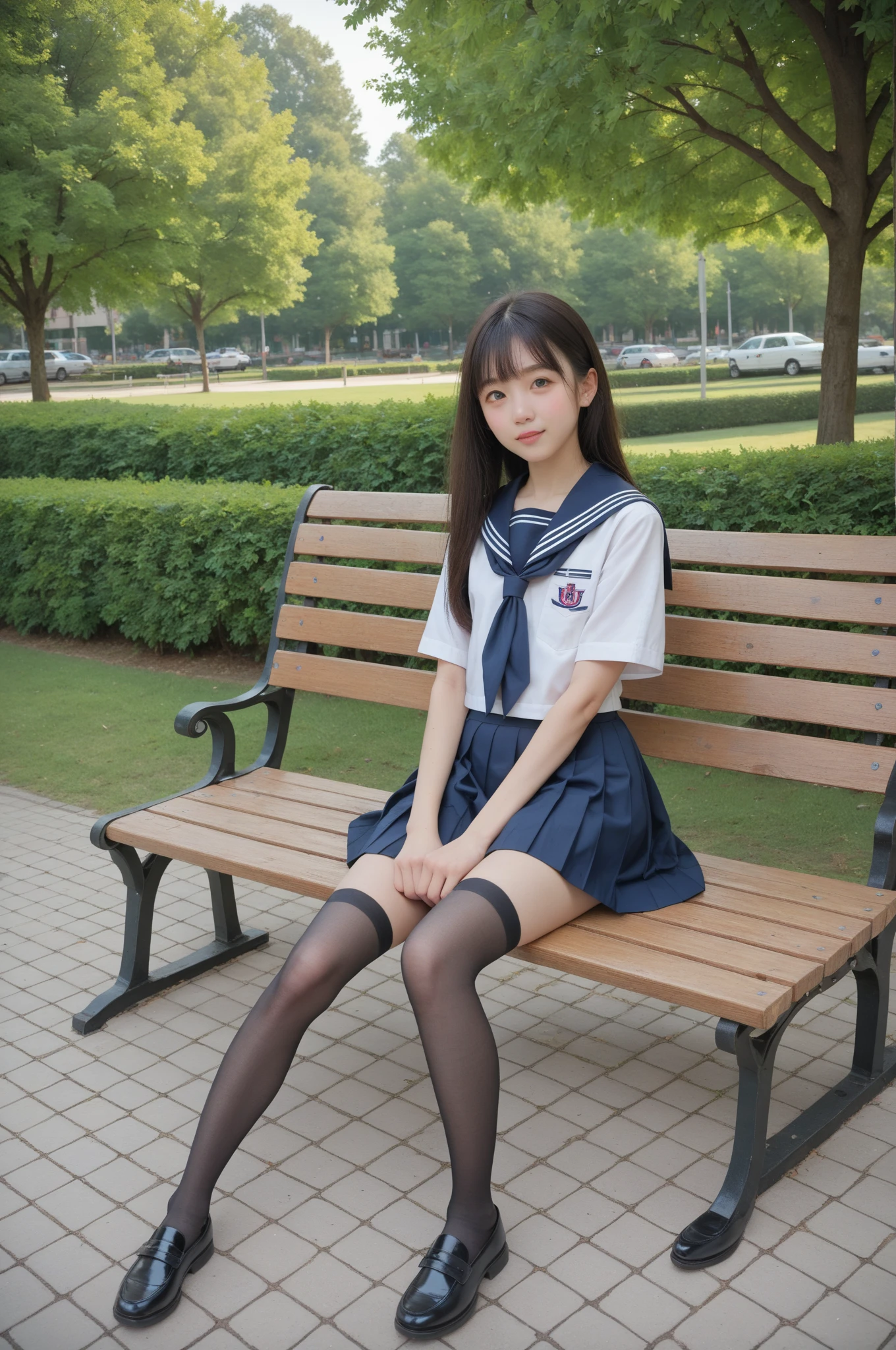   sailor suit ,***************************, cute girl,masterpiece,4K,8k,16k,  black stockings,  sit on a park bench , is short