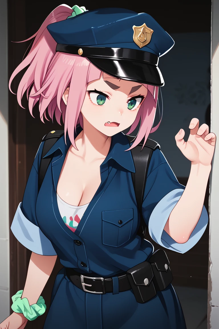 source_anime,
kiuiwatase, kiui watase, short hair, bangs, green eyes, pink hair, thick eyebrows,blunt bangs, hair scrunchie, scrunchie, ponytail, 
skin fang, large breasts, cleavage,                              BREAK , solo, BCop, belt, policewoman, dymanic pose, police hat, peaked cap