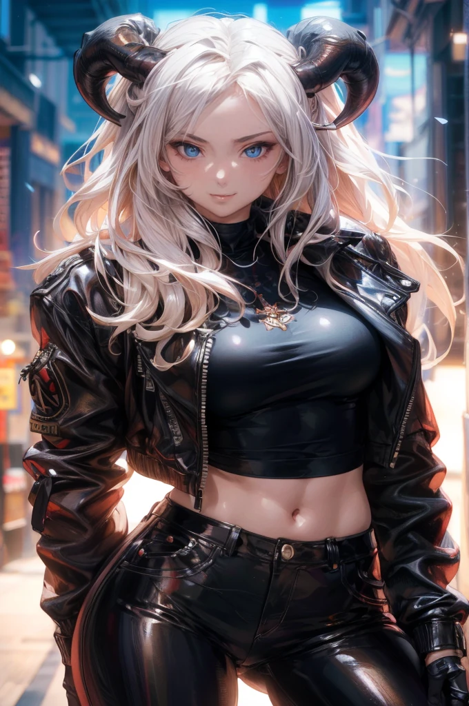 (8k, extremely chiseled, blurred background, volumetric light, detailed fur, animation style, futuristic abandoned buildings setting) wolf girl, original character, wearing short black t-shirt with a white skull, and wearing black leather jacket with spikes and golden details, spikes necklace, jeans with small chain hanging, wearing black leather glove, beautiful eyes, white fur with gray details, with golden knives in her hands.