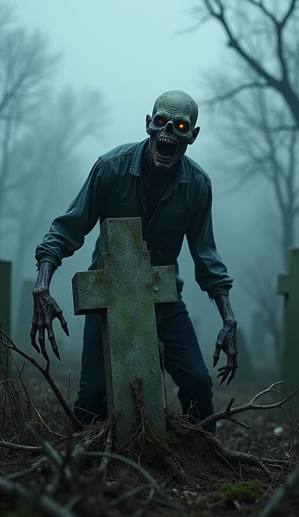 surrealism art, disturbing nightmare, mysterious, Provocative, symbolic, complex, detailed, high qualiy, undead, gothic horror, decomposing muscular body, rotten zombie, Male gender, rectangular face, Cadaveric appearance, monstro sexy, seminu, torn garments, in the setting of a cemetery, Erotic horror.