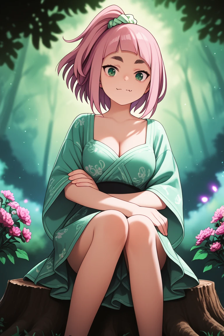 source_anime,
kiuiwatase, kiui watase, short hair, bangs, green eyes, pink hair, thick eyebrows,blunt bangs, hair scrunchie, scrunchie, ponytail, 
skin fang, large breasts, cleavage,                              BREAK masterpiece, best quality, vibrant fantasy theme, magical forest background, glowing fireflies, soft ethereal lighting, floral tiara, flowing pastel-colored dress, intricate embroidery, barefoot, gentle smile, seated on a tree stump, hands resting on lap, surrounded by blooming flowers, detailed textures, gentle breeze, warm color palette, front-facing angle, serene expression, glowing magical particles, cinematic depth of field, painterly style, wide perspective, serene atmosphere