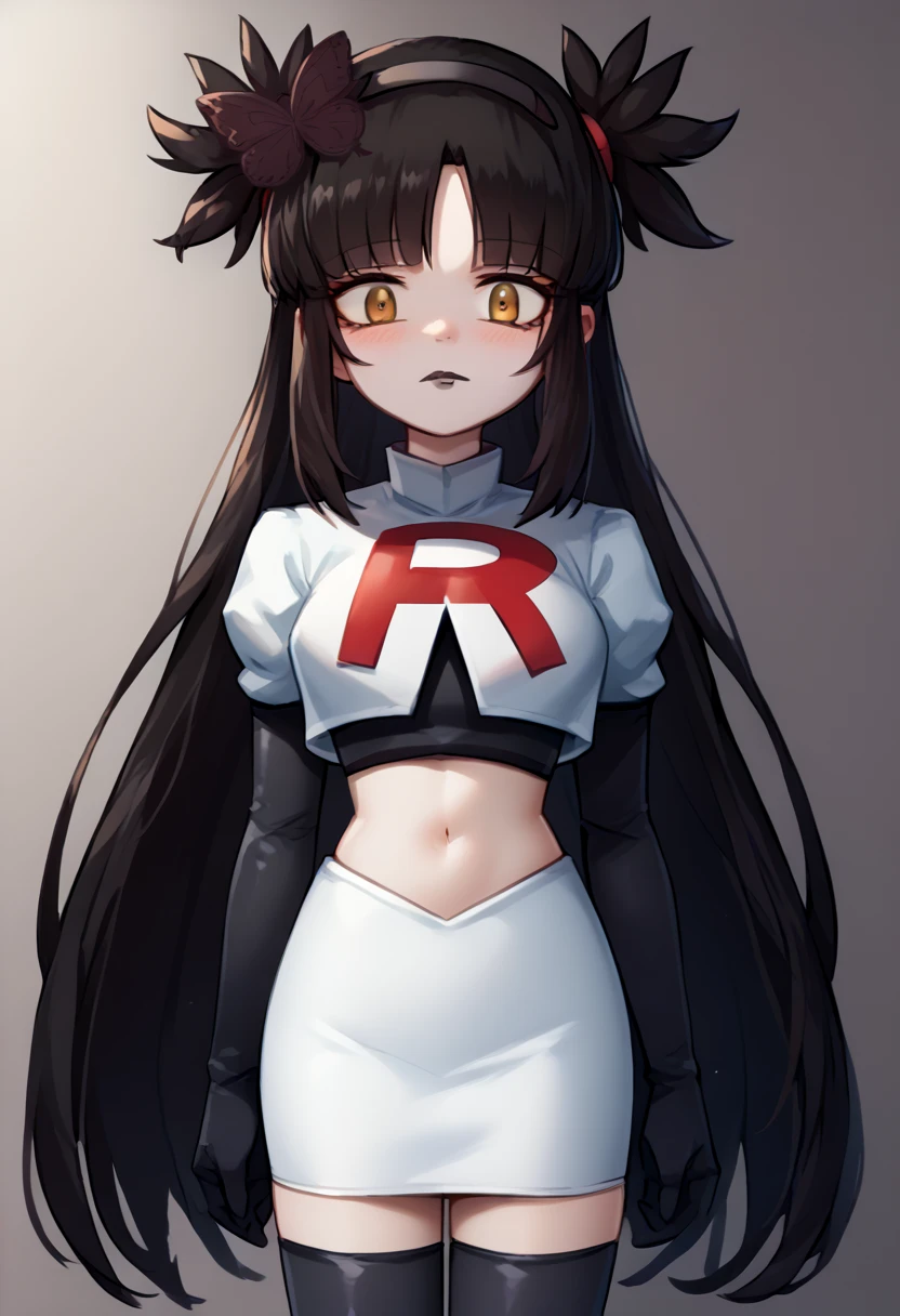 score_9, score_8_up, score_7_up, source_anime, solo, 1girl, mwophelia, mole under mouth, blush, looking at viewer, two side up, butterfly hair ornament, hairband, team rocket,team rocket uniform,white skirt,red letter R,crop top,black thigh-highs,black elbow gloves