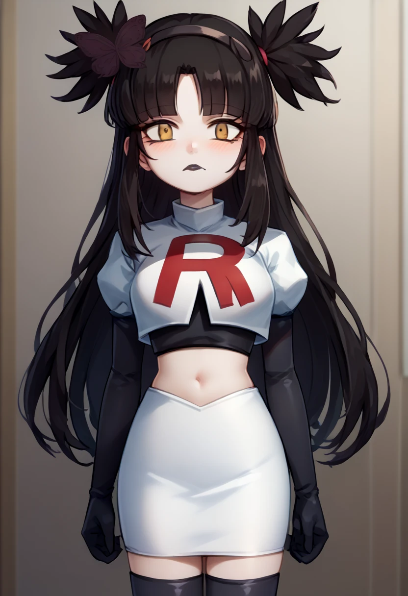 score_9, score_8_up, score_7_up, source_anime, solo, 1girl, mwophelia, mole under mouth, blush, looking at viewer, two side up, butterfly hair ornament, hairband, team rocket,team rocket uniform,white skirt,red letter R,crop top,black thigh-highs,black elbow gloves