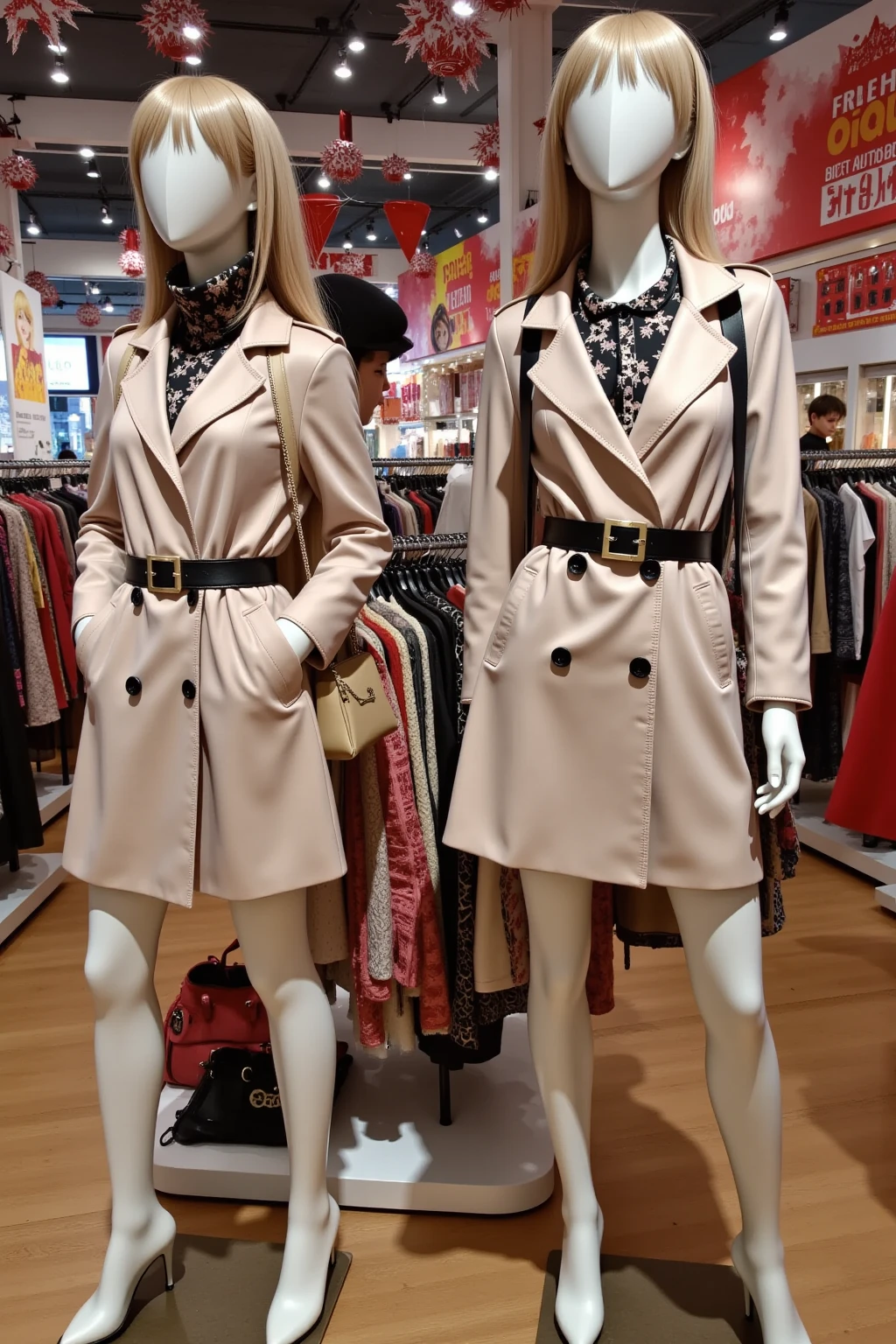 A shopping scene featuring faceless mannequins wearing trench coats and scarves, showcasing a year-end sale. In the background, Darth Vader is browsing through the items, creating a humorous and surreal atmosphere. The setting is well-lit, with colorful sale signs and festive decorations, capturing the holiday shopping spirit.