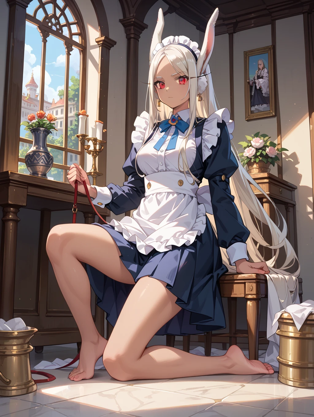 1girl,(expressionless1.5),white hair,brown eyes,pigtails,cheongsam,shoulder,sitting,cross one's legs,white thigh highs stockings,white opera glove,five fingers,hold folding fan,High heel,fingers focus