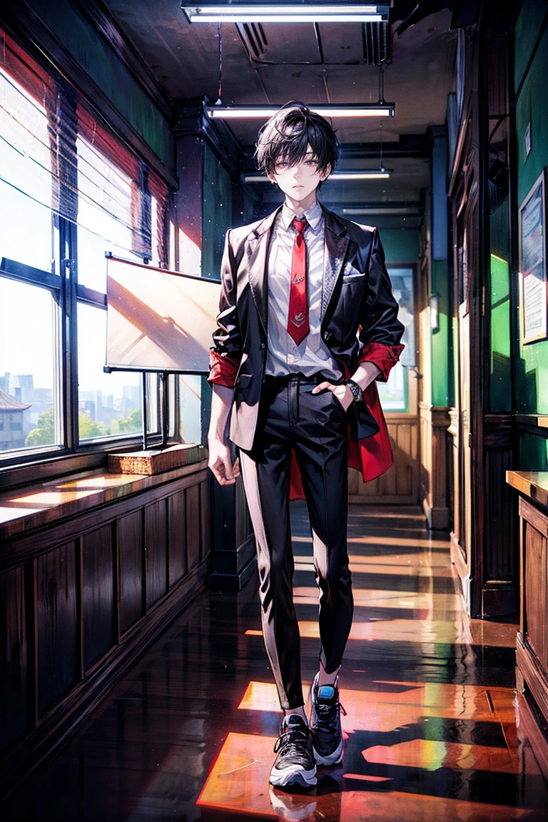 Wide full-body view, a man standing with his hands on a desk, 8K resolution, high detail, around 20 years old, (one male:1.5), black hair, long bangs:1.5, parallel eyebrows, sanpaku eyes, droopy eyes, dark red eyes, student-like attire, white shirt, dark red knit vest:1.5, black pants, black sneakers, bandaged neck, classroom, desks and chairs arranged haphazardly, black, dark red, dimly lit classroom, dark:1.5, ((UHD, masterpiece, super detail, best quality, high-res, 8k)), (detailed line art), {perfect face, perfect body, perfect hands, perfect feet}.