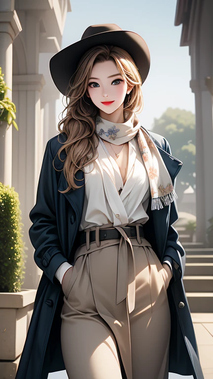  ((Thin silk floral scarf )) ， Trench Coat  ， realistic pictures of the garden，masterpiece、     high definition     ， top quality， 16ｋ，   RAW photos  ，Hyper HD，   super detailed ，Highly realistic and detailed face，  完璧で  beautiful faces 、  cute face,    beautiful faces，    beautiful womenの一人  、２9 years old、   Thin silk floral scarf を巻いて Trench Coat を着た衣装，  blonde alone    、   blue eyes、   happy face 、 smile、((     the cowboy shot  ))、((     beautiful women))，  professional photoshoot ，