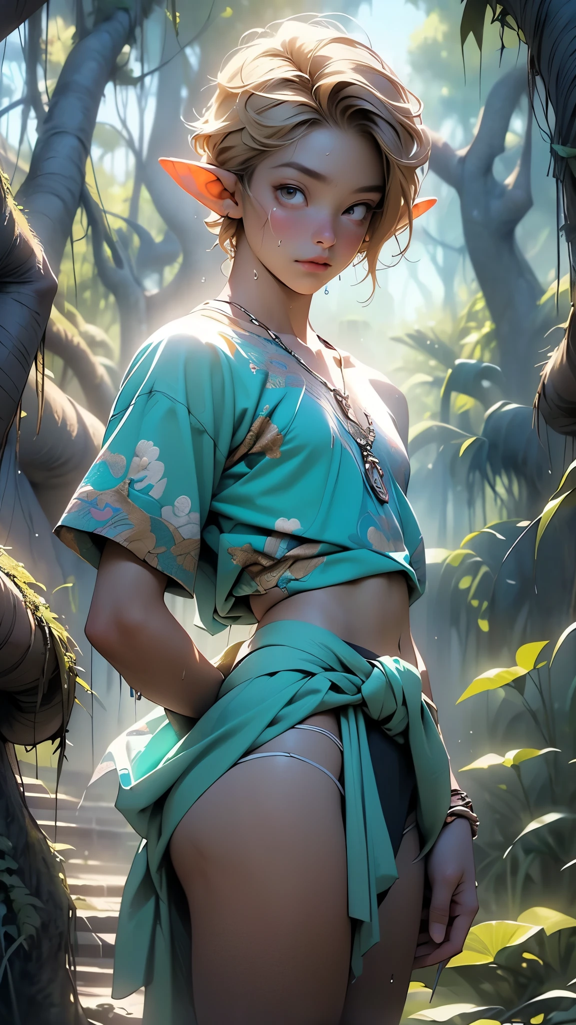 1female,Small , 独奏,(Background with:,Angkor Wat,the rainforest,lotus flower) She has short blonde hair,bobo head,,seen from the front, standing in forest, mostly cloudy sky,(((tmasterpiece),(Very detailed CG unity 8K wallpaper),best qualtiy,cinmatic lighting,detailed back ground,beatiful detailed eyes,Bright pupils,Black eyes,Snow-whiteskin,Redlip(Very fine and beautiful),(Beautiful and detailed eye description),ultra - detailed,tmasterpiece,))facing at camera,A high resolution,ultra - detailed),revealing breasts,Bare genitalia, Bulge,legs are open,Raised sexy,Camel toes,Flushed complexion,Desire for dissatisfaction,frontage,elementary student(Wearing:headset on head,green colored bomber jacket)