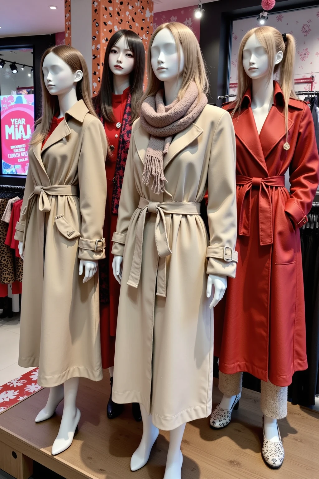 A shopping scene featuring faceless mannequins wearing trench coats and scarves, showcasing a year-end sale. In the background, Darth Vader is browsing through the items, creating a humorous and surreal atmosphere. The setting is well-lit, with colorful sale signs and festive decorations, capturing the holiday shopping spirit.