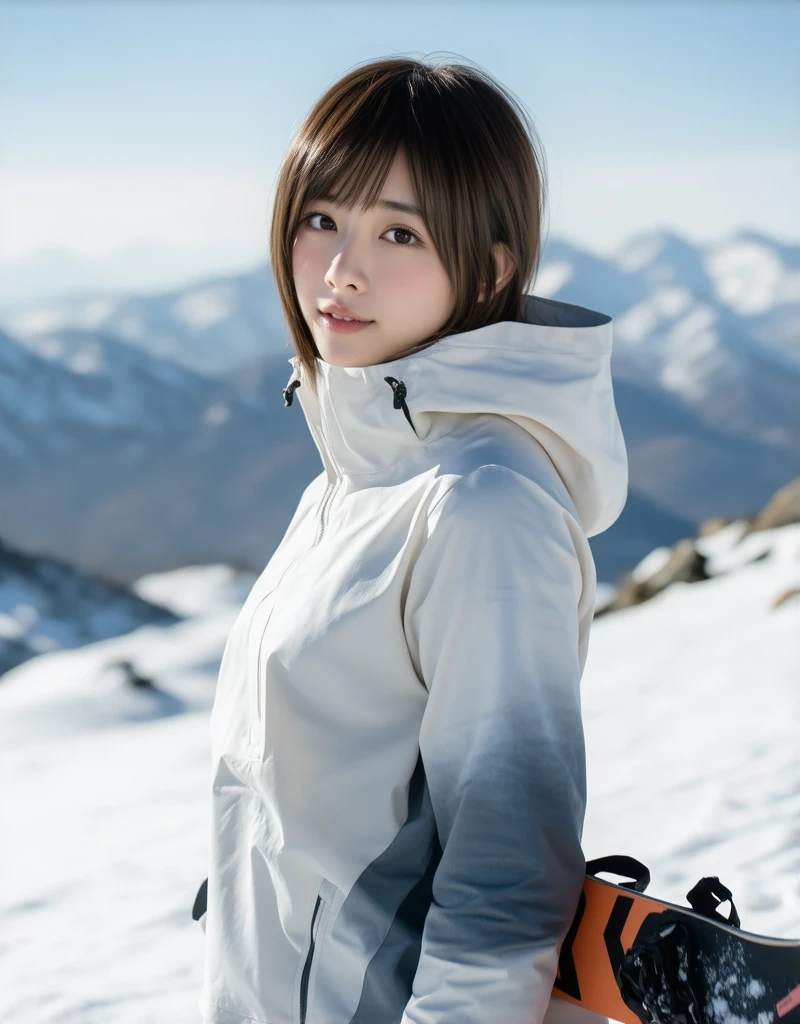 masterpiece:1.37, ultra-realistic, photorealistic, dramatic scene, shadow, global-illumination, alone, (25 years old asian girl:1.5), ( Beautiful Eyes, symmetrical eyes), very beautiful asian girl, very beautiful with very cute but boyish cool face, ((short hair)), (wearing a snowboard wear:1.2), (medium breasts), She is holding a snowboard, (Holding a snowboard with both hands), (at on snow mountain:1.21), (full body)