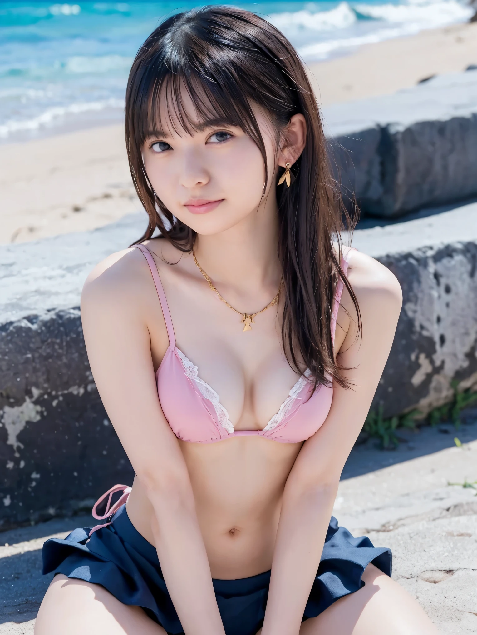 Watch NSFW's 1 .2, from below:1.4,Front focus:1.5,(8k RAW photo,Live Shooting, top quality , masterpiece:1.37), Extreme light and shadow, full body shot :1.5, Detailed clavicle, thin due to small things necklace, earrings for women with first name,(( 1 girl), Japanese idol ,(Alone), 3d,( camera )), Perfect anatomy,break(( brown hair ),( dark brown medium hair)),bangs:1.4,( black eyes), smiley smile ,Big Breasts, clevis on a stone, Under Bust :1.6,( thin due to small things necklace, earrings for women with first name),break(azalea pink micro bikiniを着る),( azalea pink micro bikini)),Majora:1.2, camel toe :1.4,break( sitting, spread your legs),break (Bali Beach, the shining sun , Blue Sea, Baiyun)