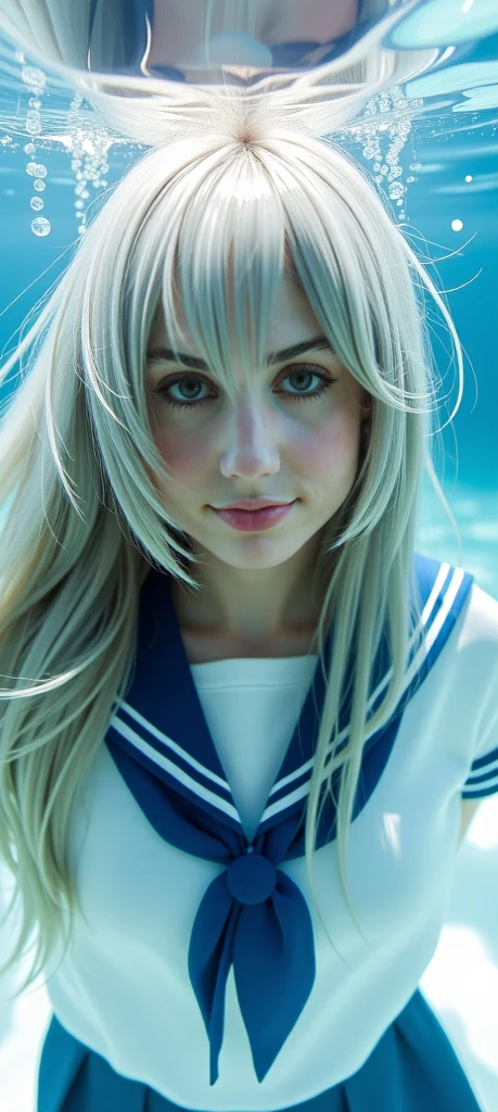 (see-through:1.3),white serafuku,vestido de sailor, white theme, school uniform , sailor,   looking at the viewer ,  insanity,  long and disheveled hair ,  beautiful and detailed eyes , The hair shines , dramatic angle,gola de sailor azul, seios perky,light smile, partially underwater photo...