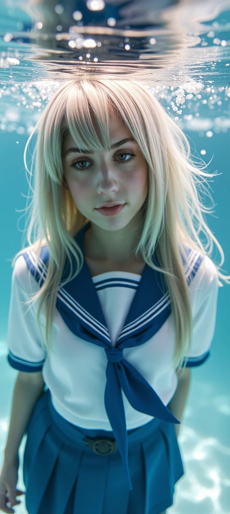 (see-through:1.3),white serafuku,vestido de sailor, white theme, school uniform , sailor,   looking at the viewer ,  insanity,  long and disheveled hair ,  beautiful and detailed eyes , The hair shines , dramatic angle,gola de sailor azul, seios perky,light smile, partially underwater photo...