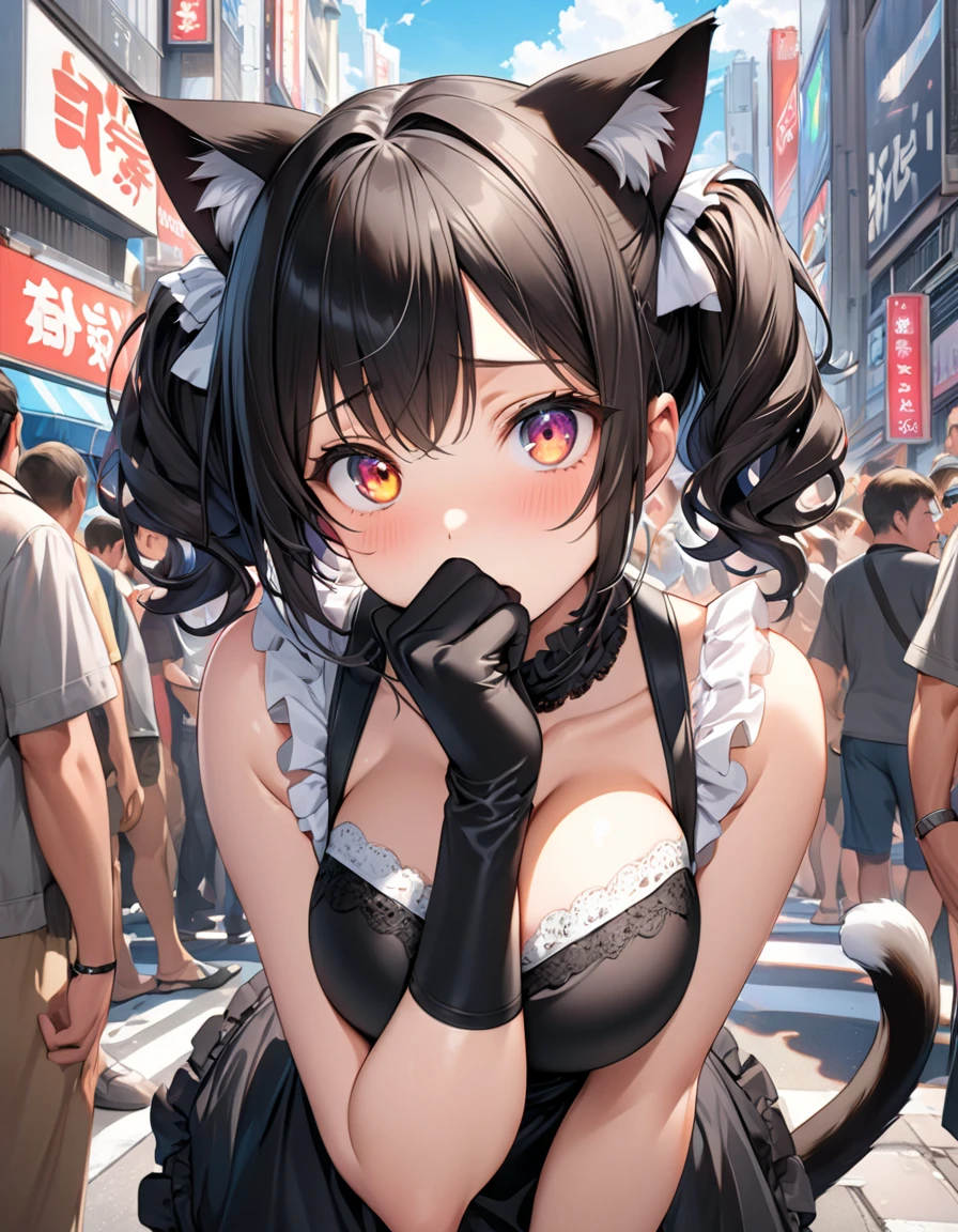black hair、medium hair、big breasts、pale black eyes