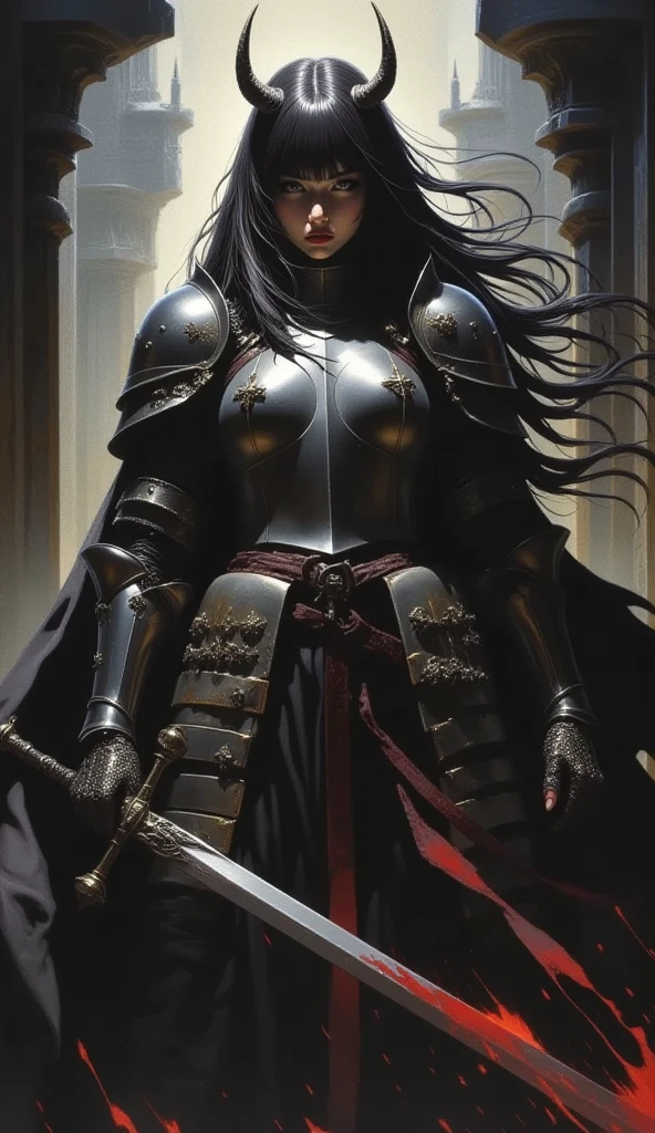 An oni girl, knight armour, black hair, red lips, direct gaze, holds a sword, silhouetted, chiascuro, dark background, drkfnts style