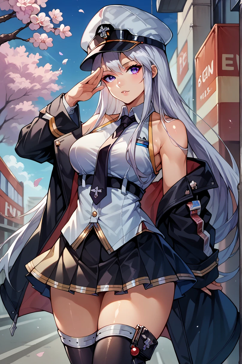 score_9, score_8_up, score_7_up, source_anime, (street, cherry blossoms), (close-up), (curvaceous,, solo, outdoors,shiny skin,looking at viewer, salute,standing,enterprise, purple eyes, white hair, very long hair, white cap, peaked cap, sleeveless shirt, black necktie, high belt, black skirt, miniskirt, pleated skirt, black coat, off shoulder, bare shoulders, black thighhighs, thighhigh boots,)